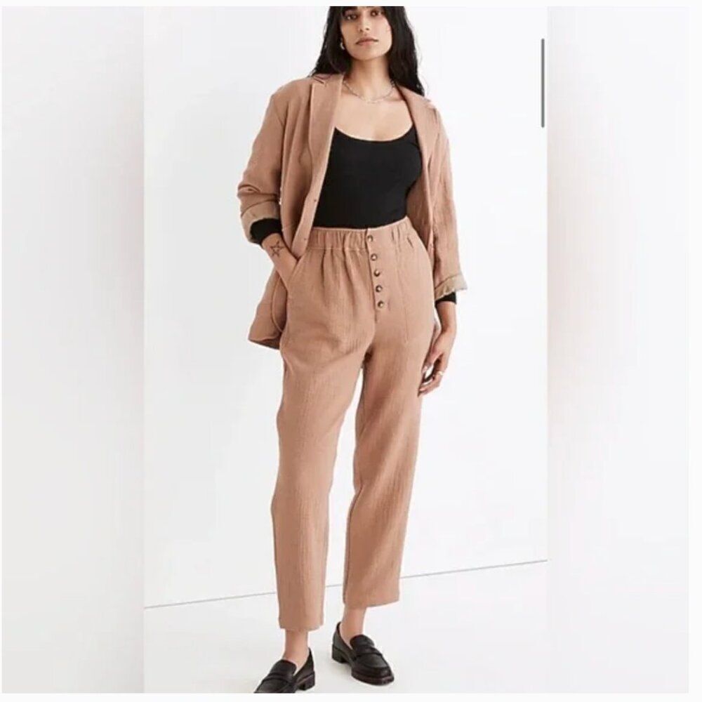 Madewell Cotton-Linen Pull-On High-Rise Tapered Pants: Button-Front Edition NWT